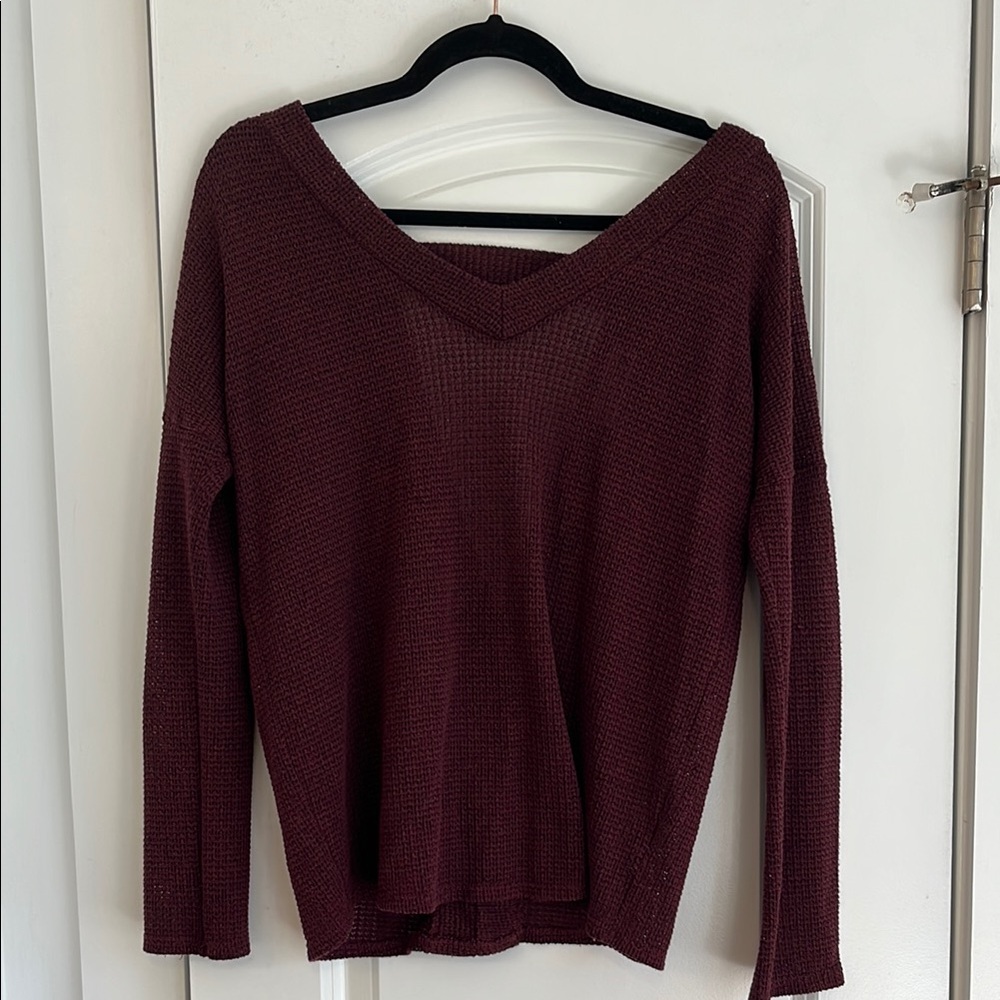 Burgundy V-Neck Sweater Lightweight Knit